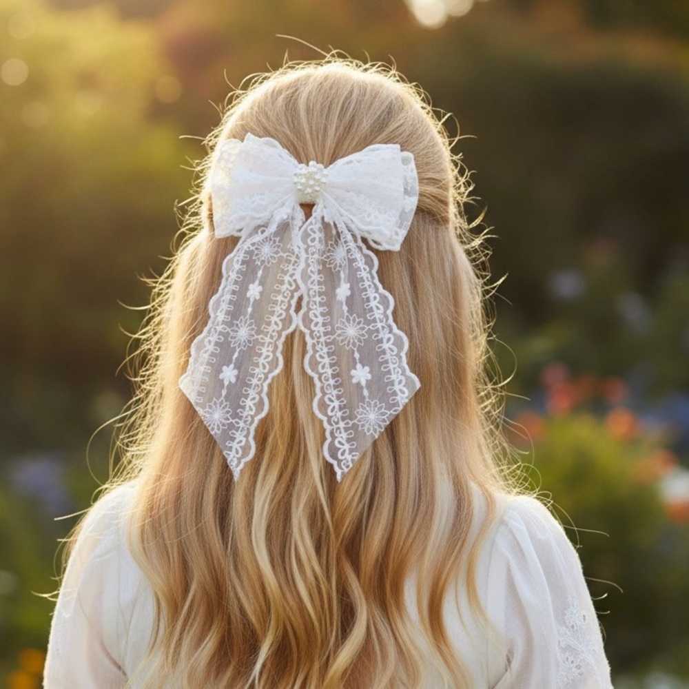 Elegant White Lace Hair Bow Clip ,Handmade and NWOT